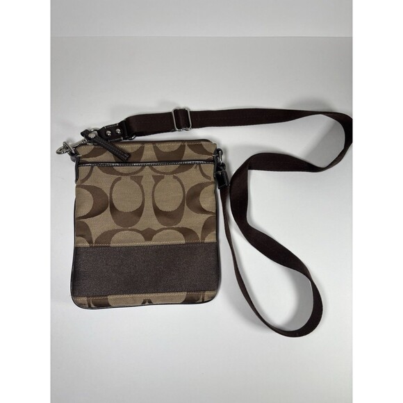 Coach Messenger Crossbody Bag Canvas Colorblock Brown Tan Signature 7" X 8.5" - Picture 1 of 7